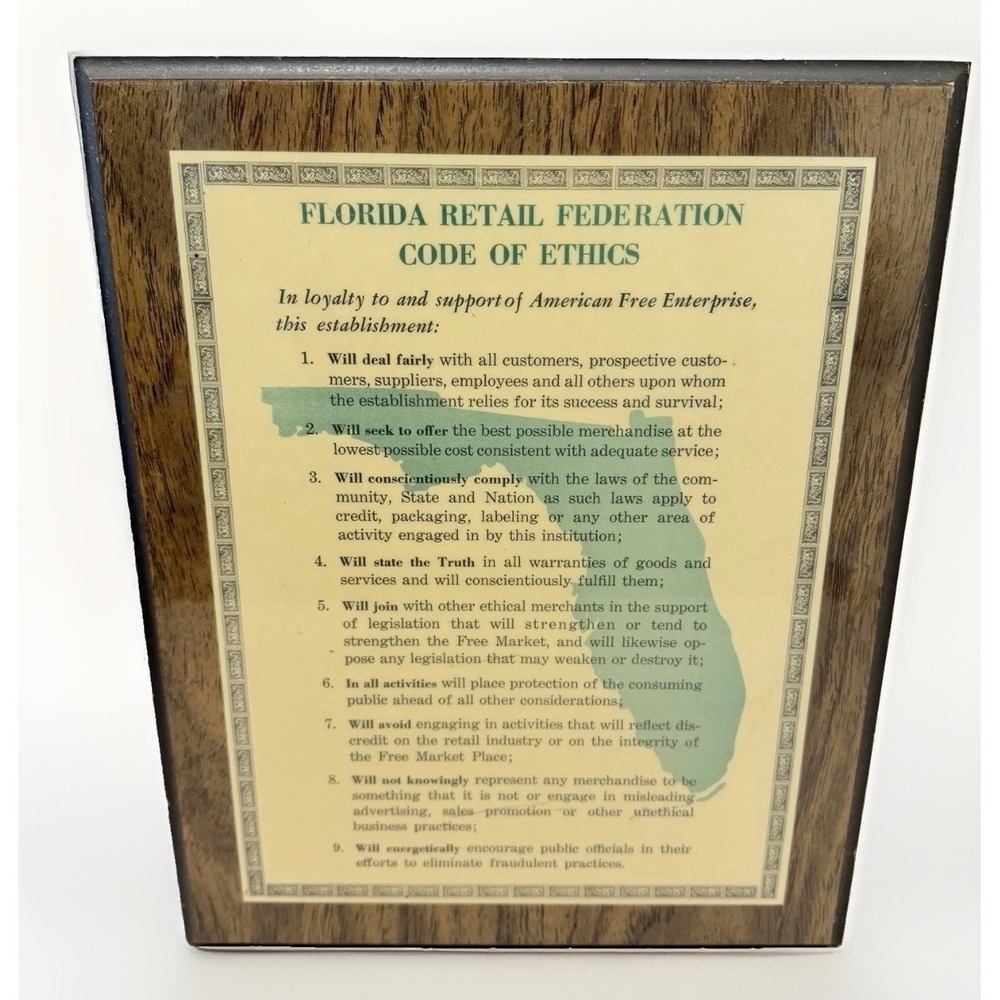 Vintage Sign State of Florida Code of Ethics Retailer MCM Mancave RARE Plaque